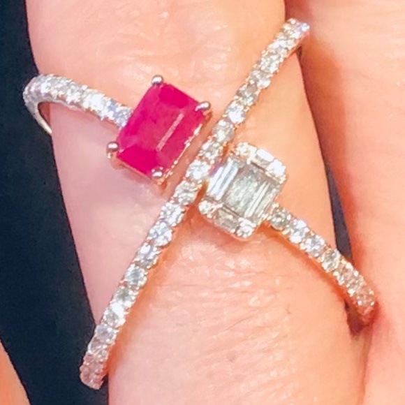 14K Rose Gold Genuine Diamond & Ruby X Ring - Picture 6 of 13